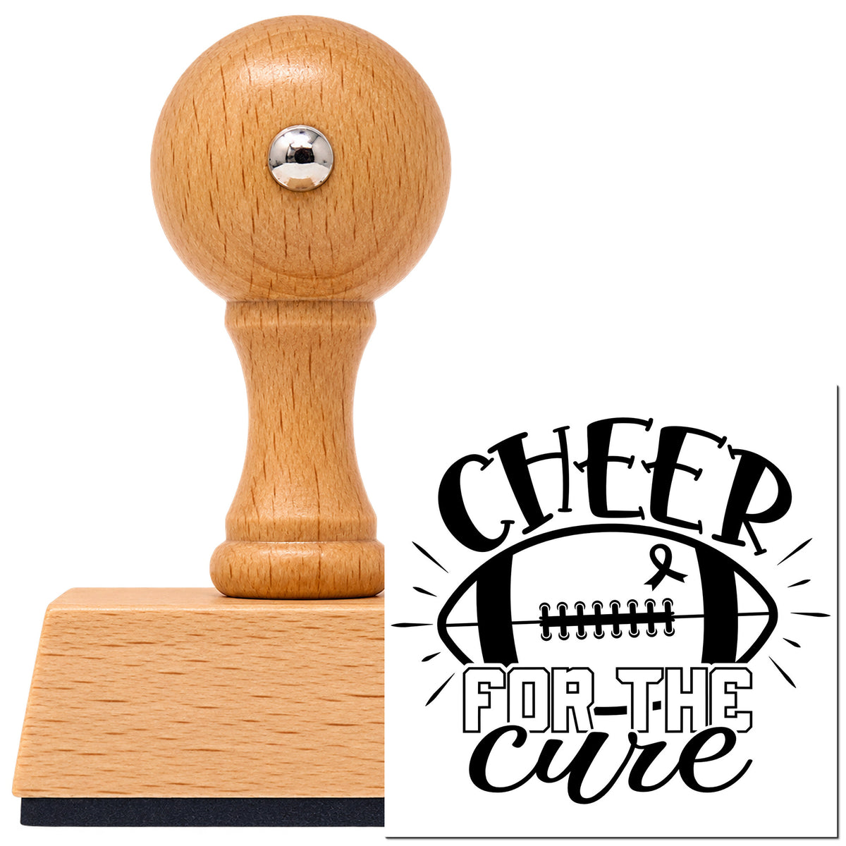 Vintage Pro beech wood stamp with a round knob handle, shown with its black Cheer For The Cure imprint on white.