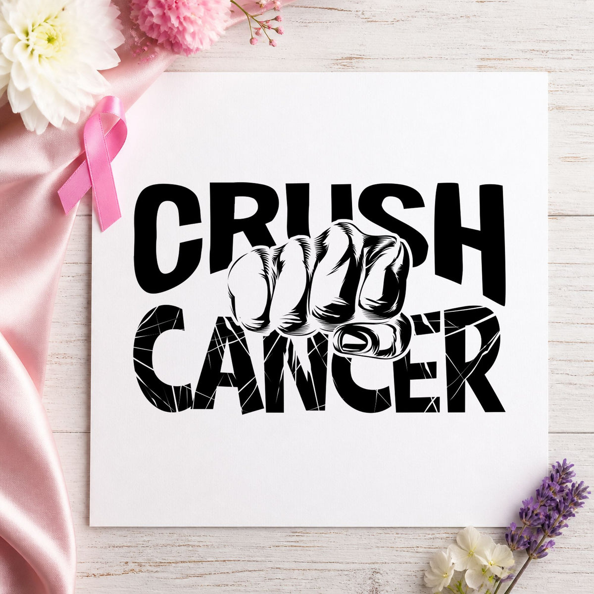 Crush Cancer Fist craft stamp imprint in black ink on a handmade project, one idea being appointment day notes.