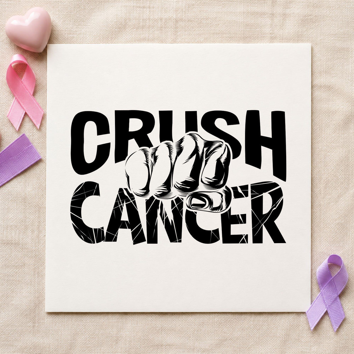 Crush Cancer Fist rubber stamp printed in black ink, ready for benefit walk banners and similar paper crafts.