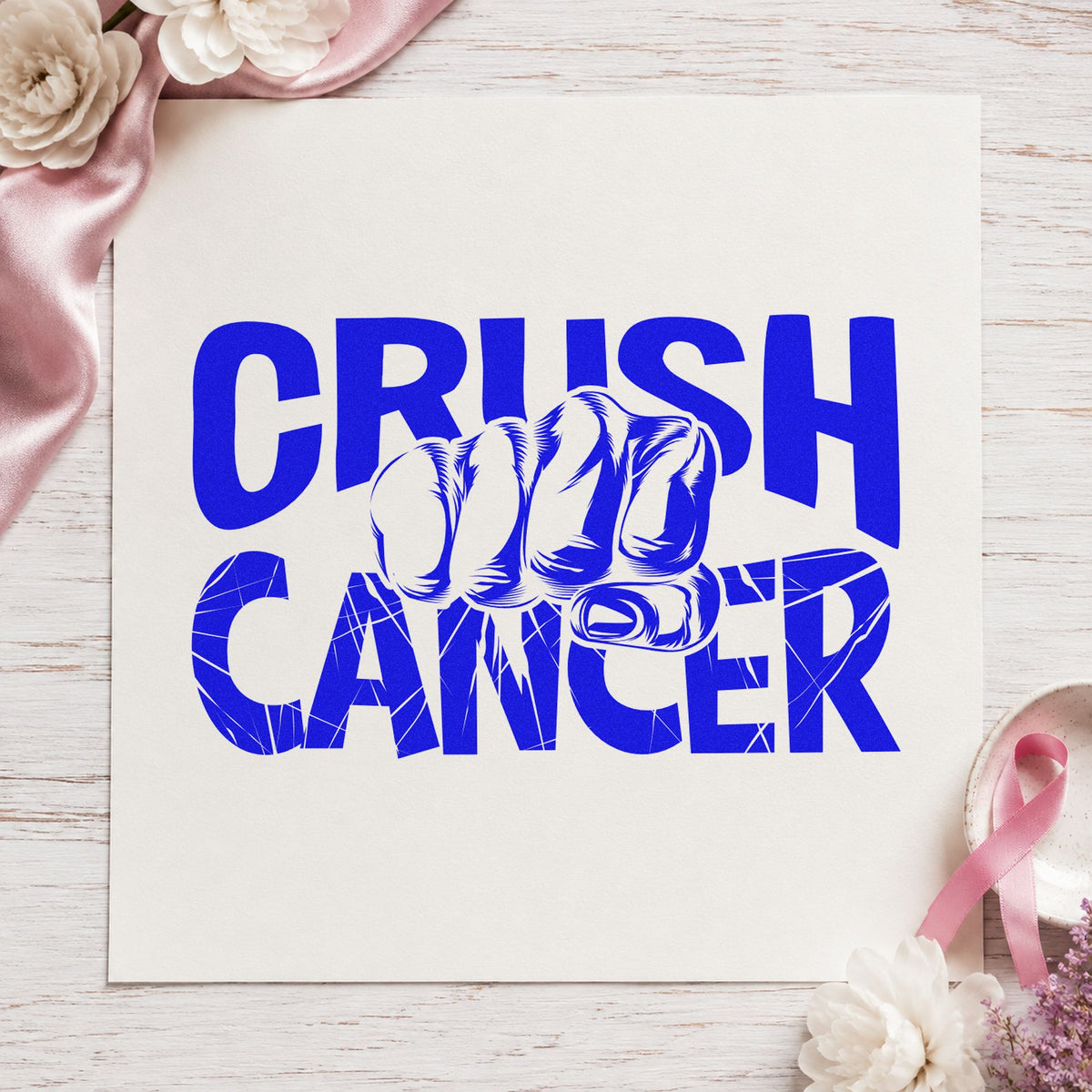 Crush Cancer Fist craft stamp imprinted in blue ink on paper, a design suited to journal cover stamping.