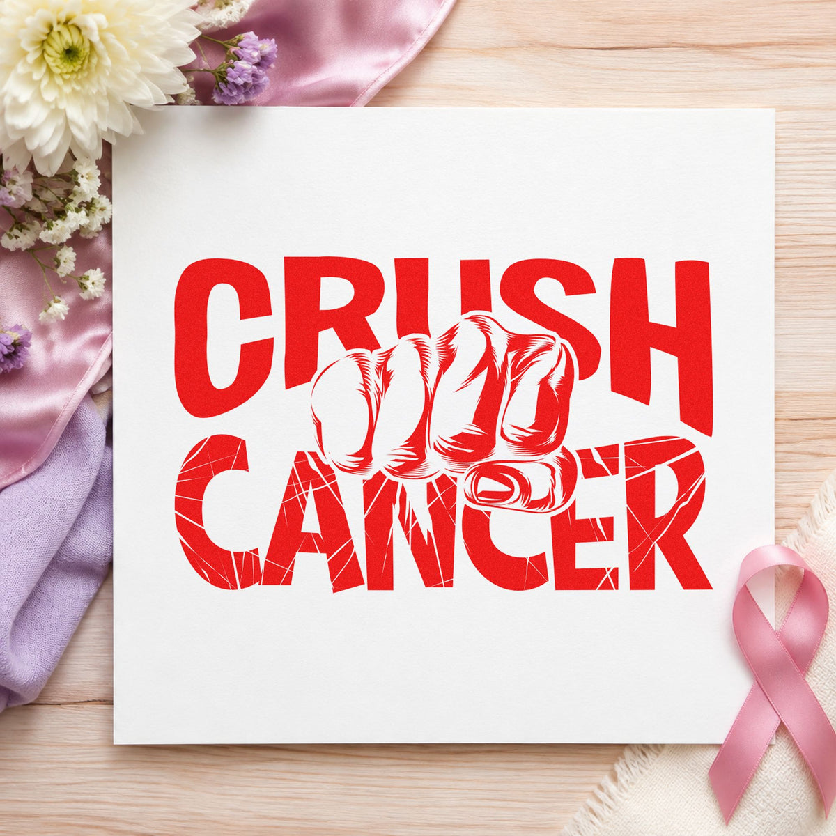 Crush Cancer Fist rubber stamp shown in red ink, stamped for projects such as last treatment party tags.