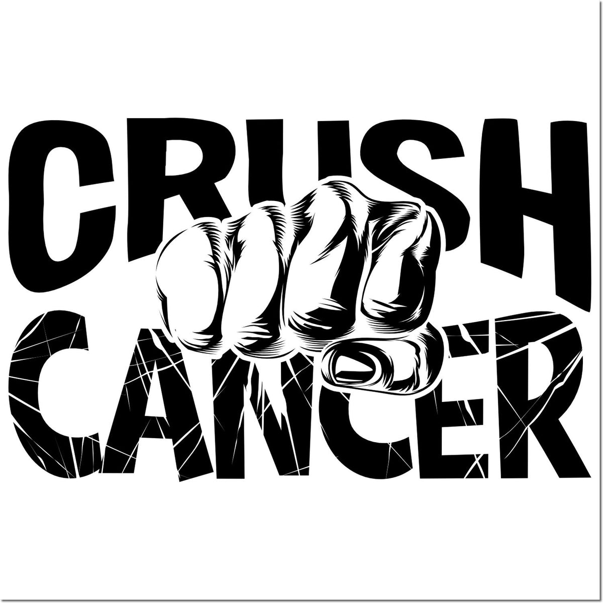 Black Crush Cancer stamp and seal design with raised fist graphic on white background.
