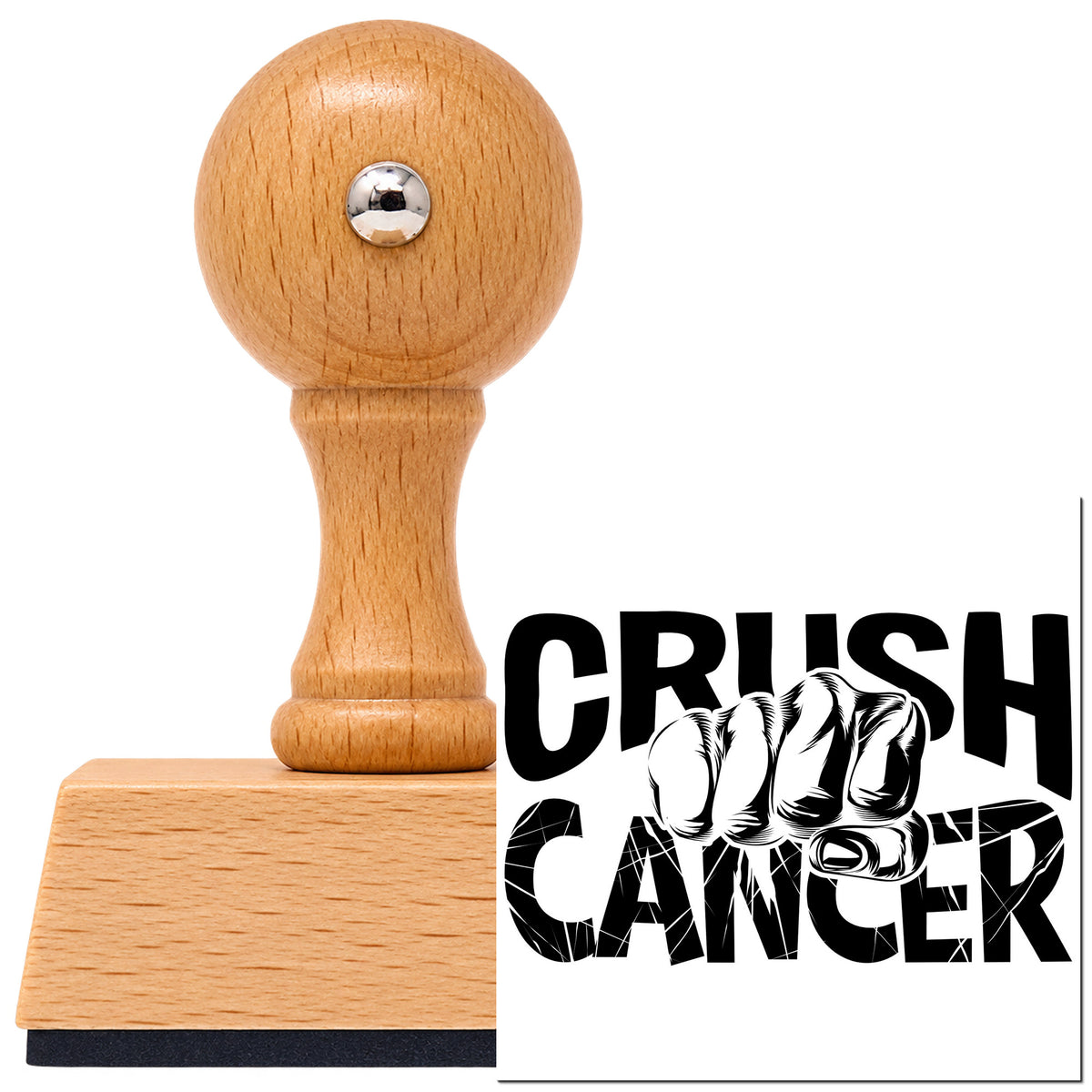 Vintage Pro beech wood stamp with a round knob handle, shown with its black Crush Cancer Fist Lettering imprint on white.