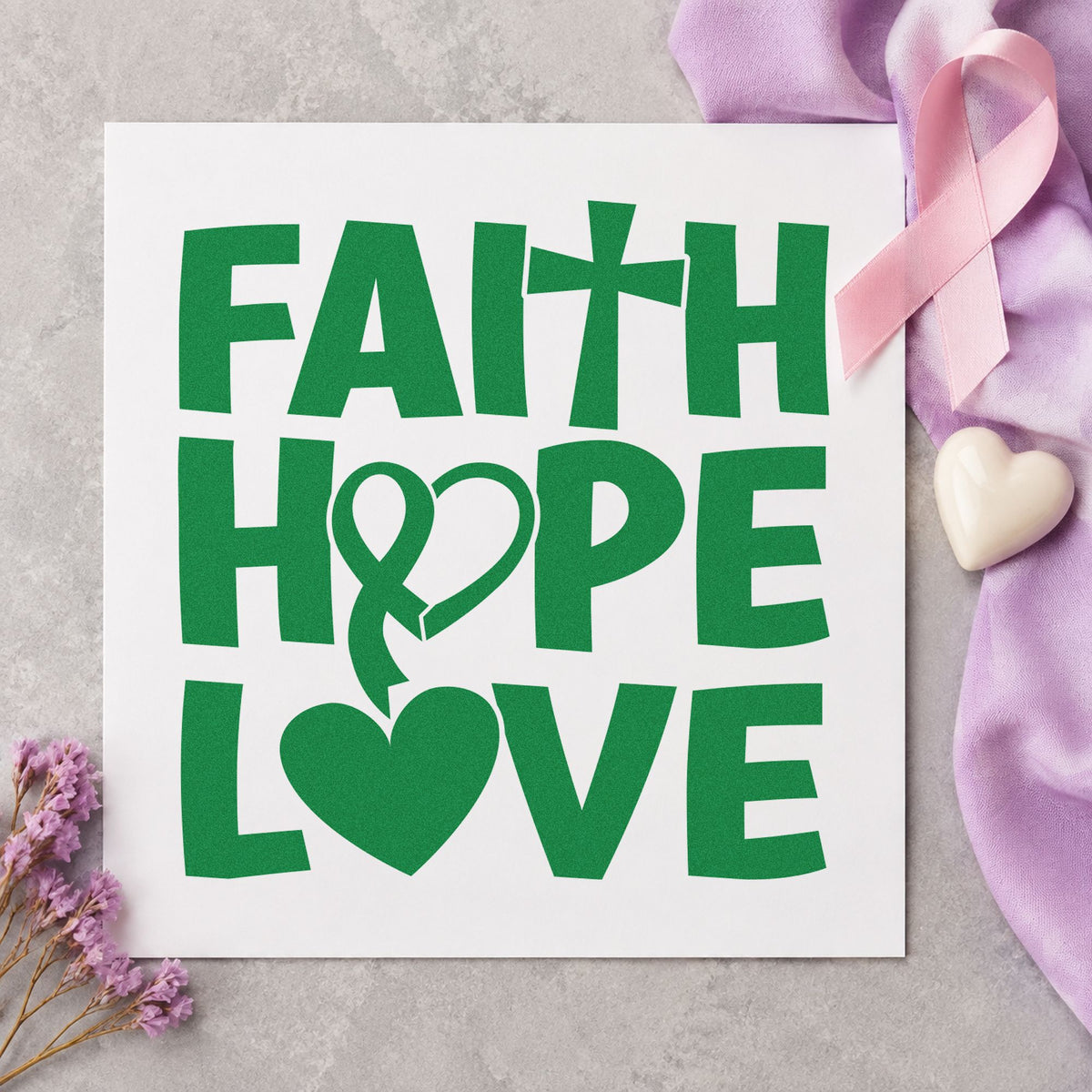 Faith Hope Love Ribbon craft stamp in green ink on cardstock, an easy option for meal ministry notes.