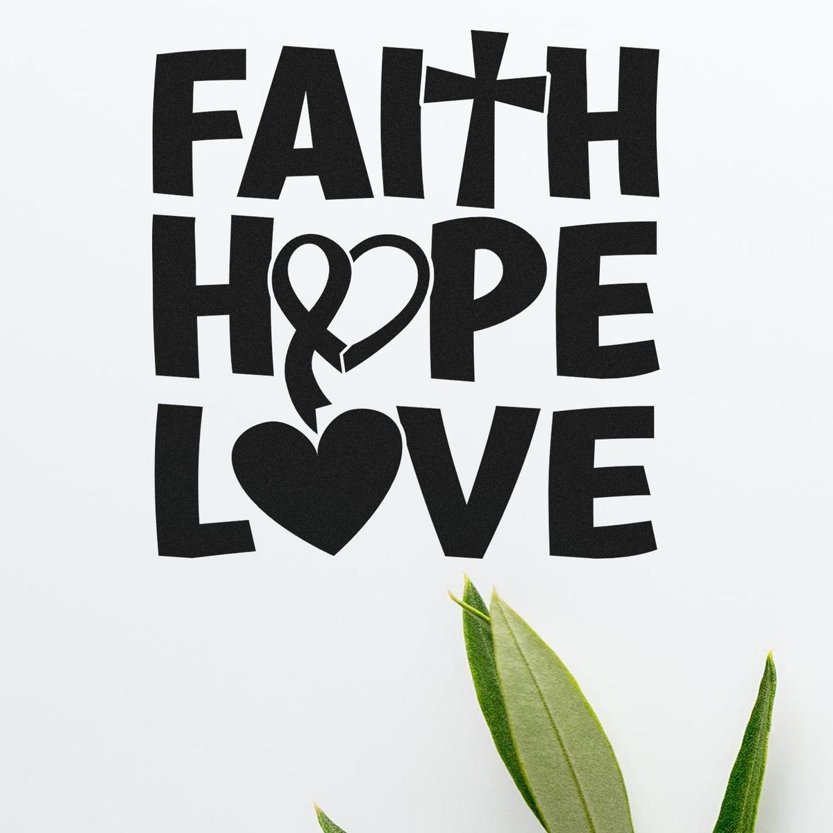 Black faith, hope, love stamp-and-seal design with heart and cross on white, accented by green leaves.