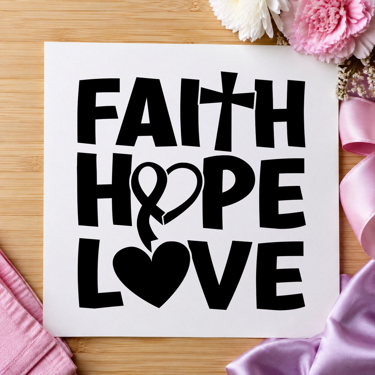Faith Hope Love Ribbon craft stamp imprint in black ink on a handmade project, one idea being journal cover stamping.