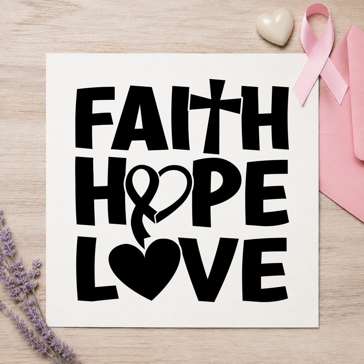 Faith Hope Love Ribbon rubber stamp printed in black ink, ready for hospital visit cards and similar paper crafts.