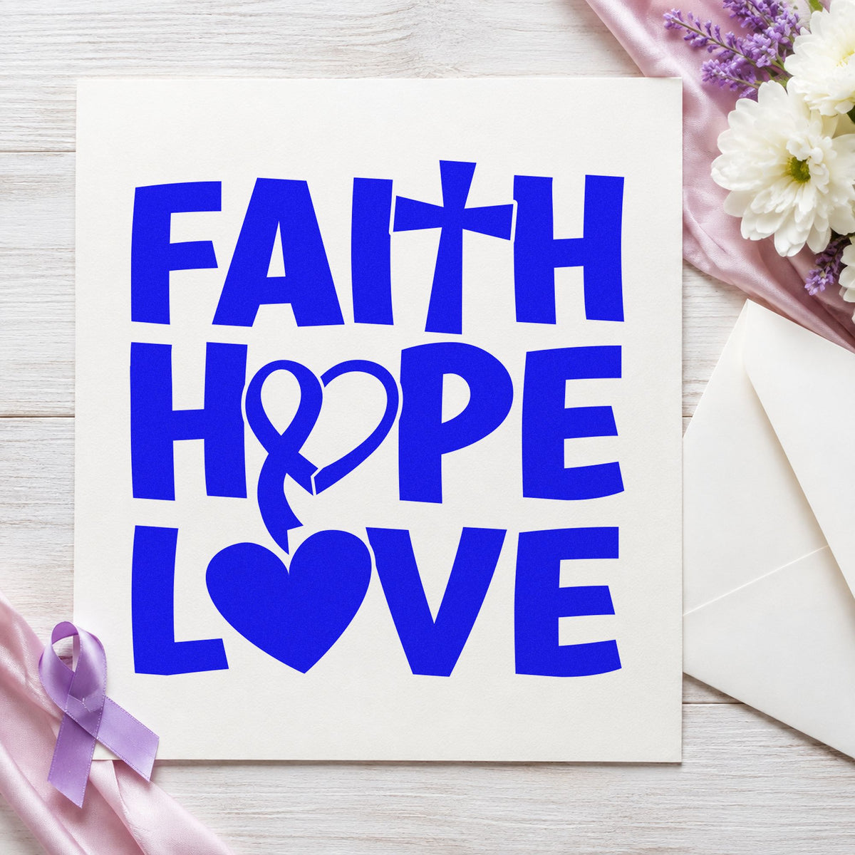 Faith Hope Love Ribbon craft stamp in blue ink on cardstock, an easy option for walk team shirts.