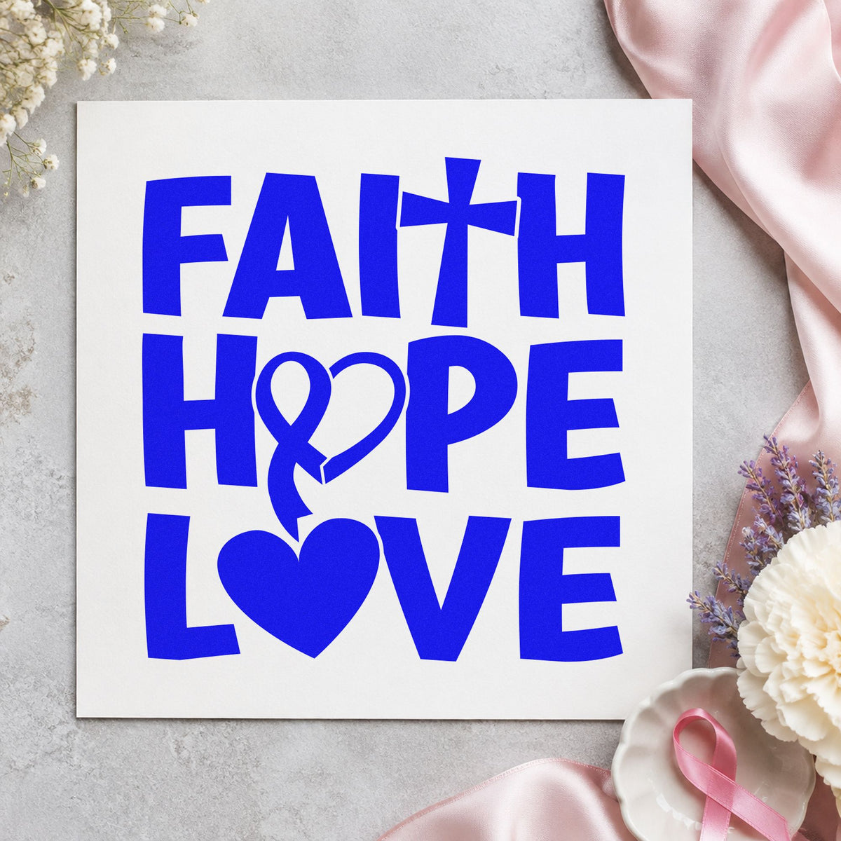 Faith Hope Love Ribbon craft stamp imprinted in blue ink on paper, a design suited to fundraiser table signs.