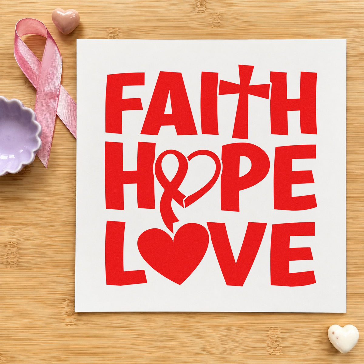 Faith Hope Love Ribbon rubber stamp shown in red ink, stamped for projects such as bookmark crafts.