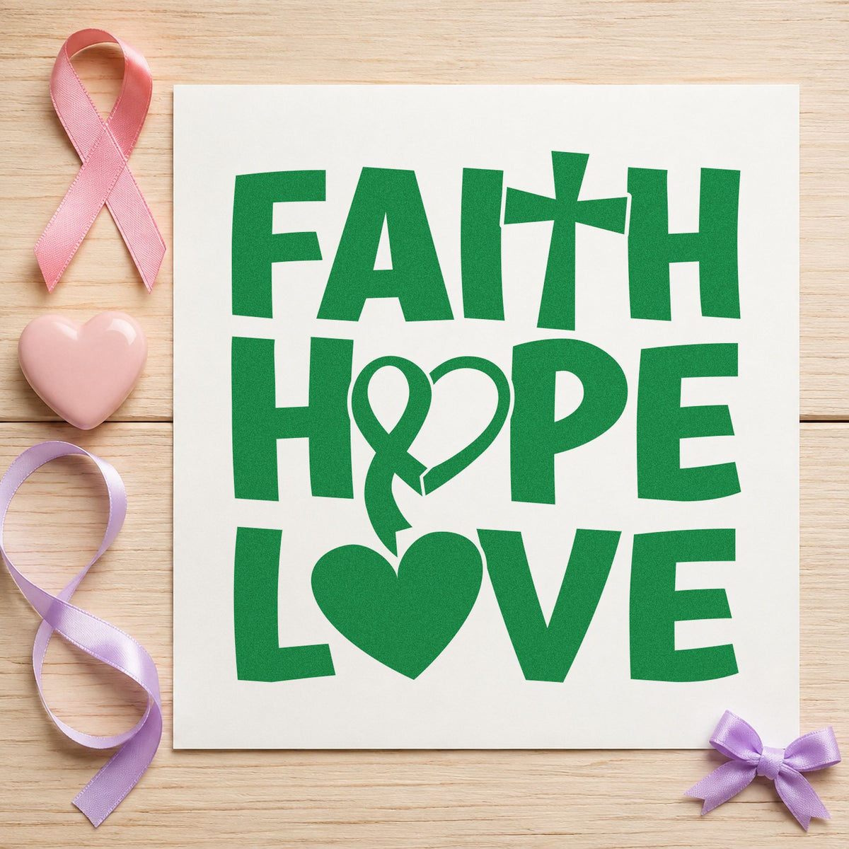 Faith Hope Love Ribbon craft stamp imprint in green ink on a handmade project, one idea being sympathy notes.