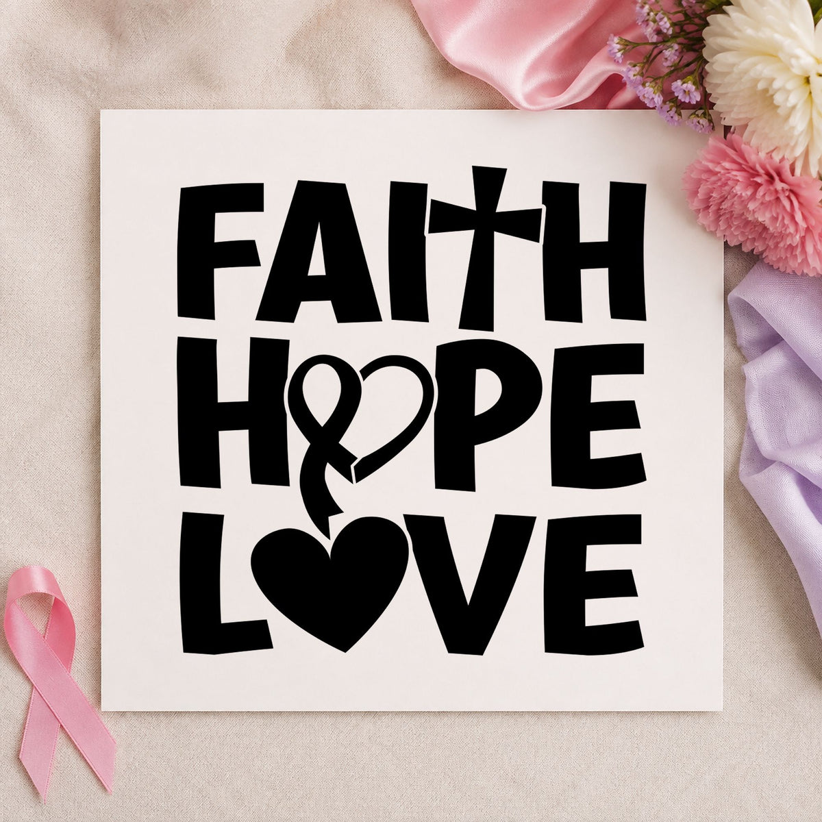 Faith Hope Love Ribbon rubber stamp printed in black ink, ready for prayer cards and similar paper crafts.