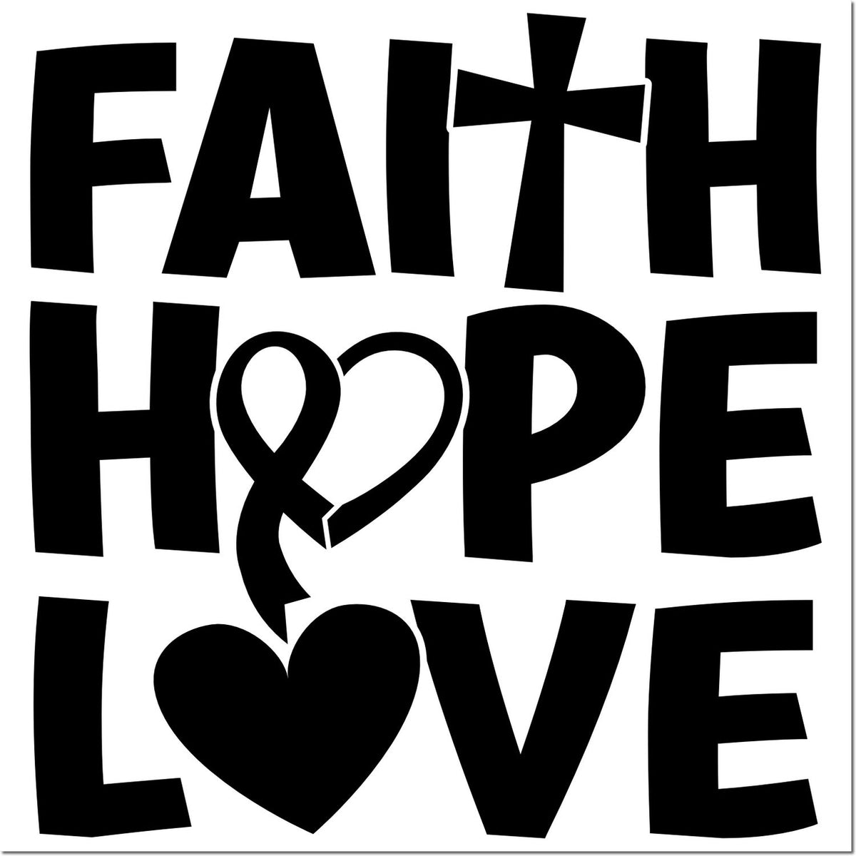 Black faith, hope, love stamp and seal design with bold cross and heart on a white background.