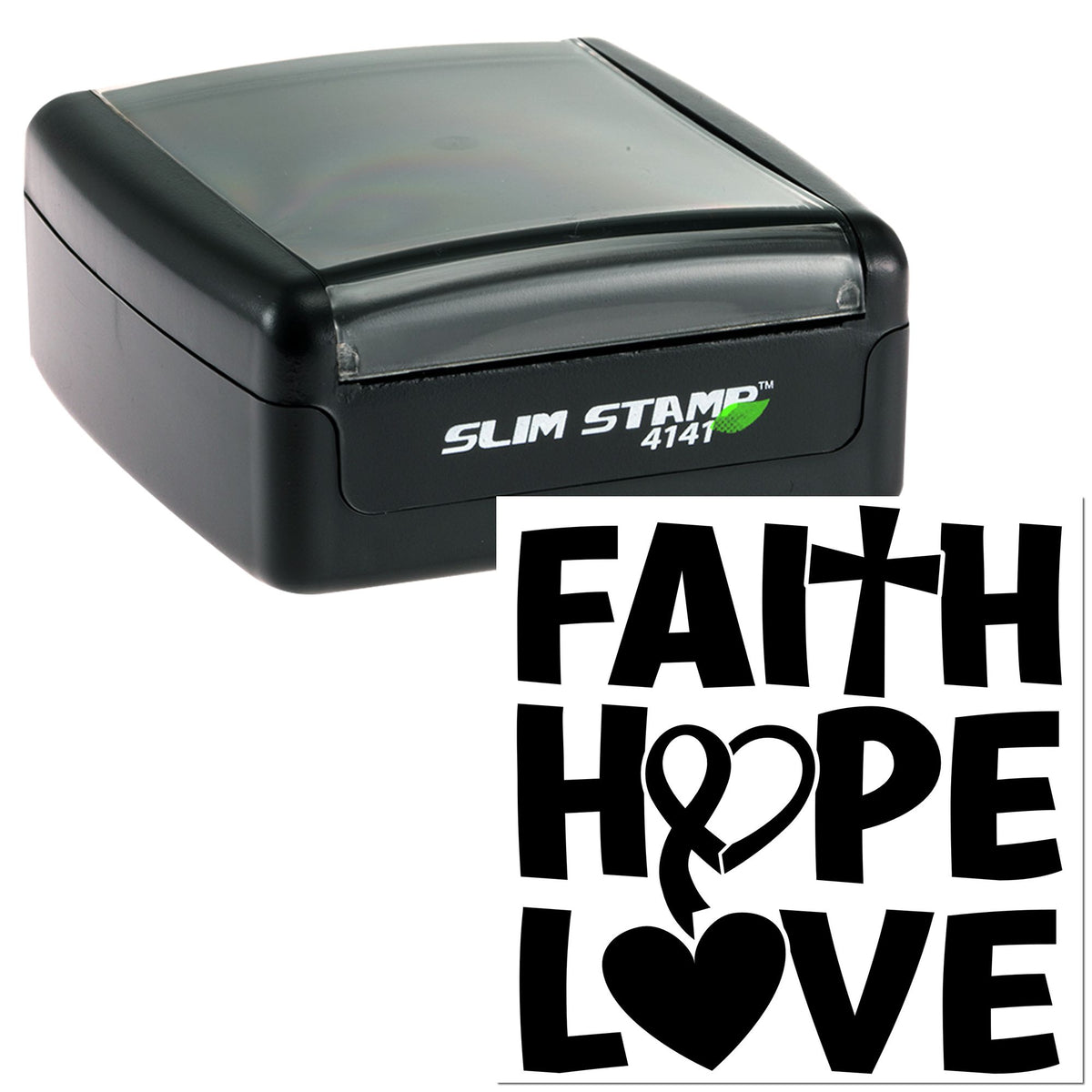 Black slim self-inking stamp and seal with clear cover, showing bold FAITH HOPE LOVE imprint in black.