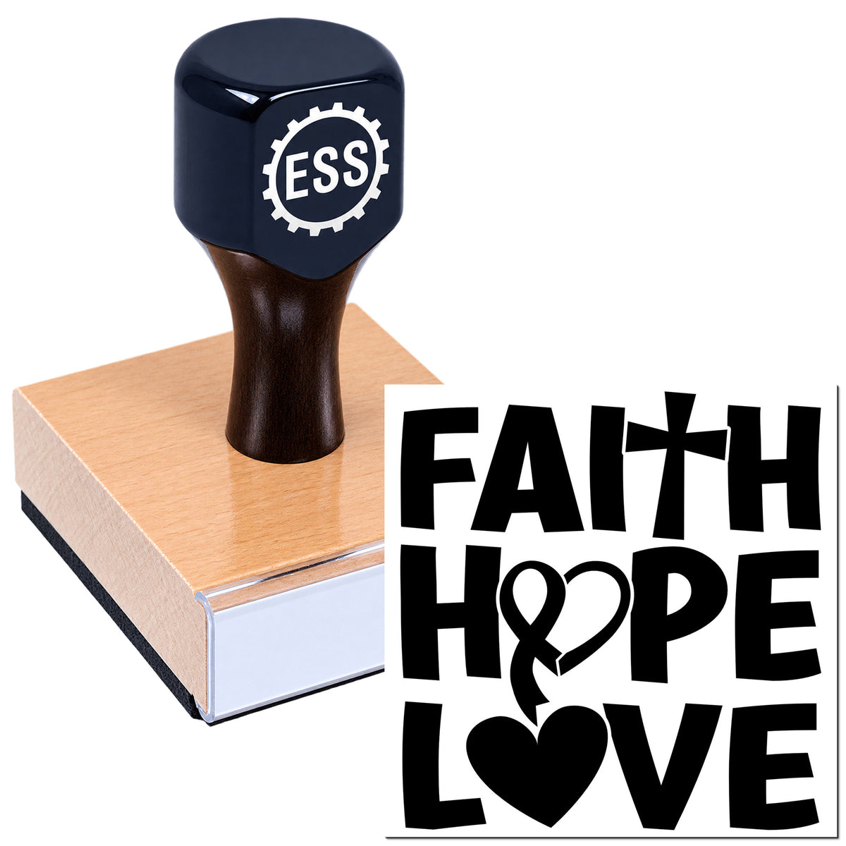 Black ESS stamp and seal on a wooden base, showing a bold Faith Hope Love design with heart symbol.