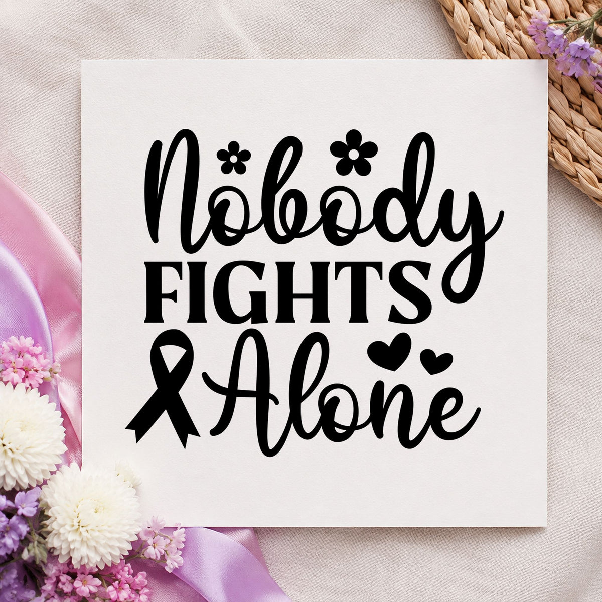 Nobody Fights Alone craft stamp imprint in black ink on a handmade project, one idea being care package notes.