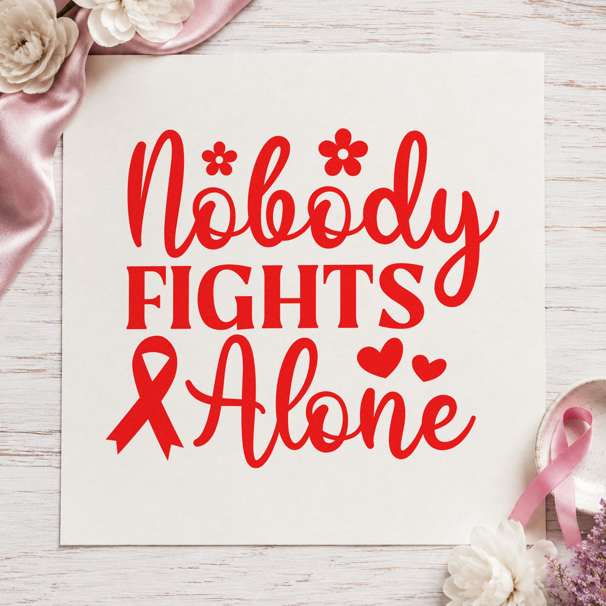 Nobody Fights Alone rubber stamp shown in red ink, stamped for projects such as ribbon bookmarks.