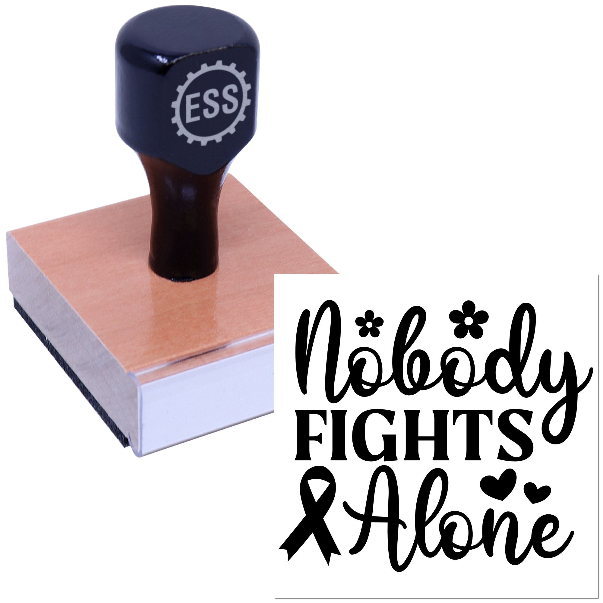Navy ESS custom stamp on a pink square seal base beside a black Nobody Fights Alone ribbon design.