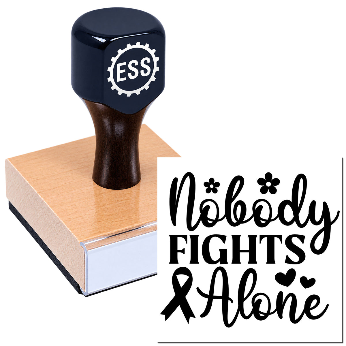 Navy ESS custom stamp on a pink square seal base beside a black "Nobody Fights Alone" ribbon design.