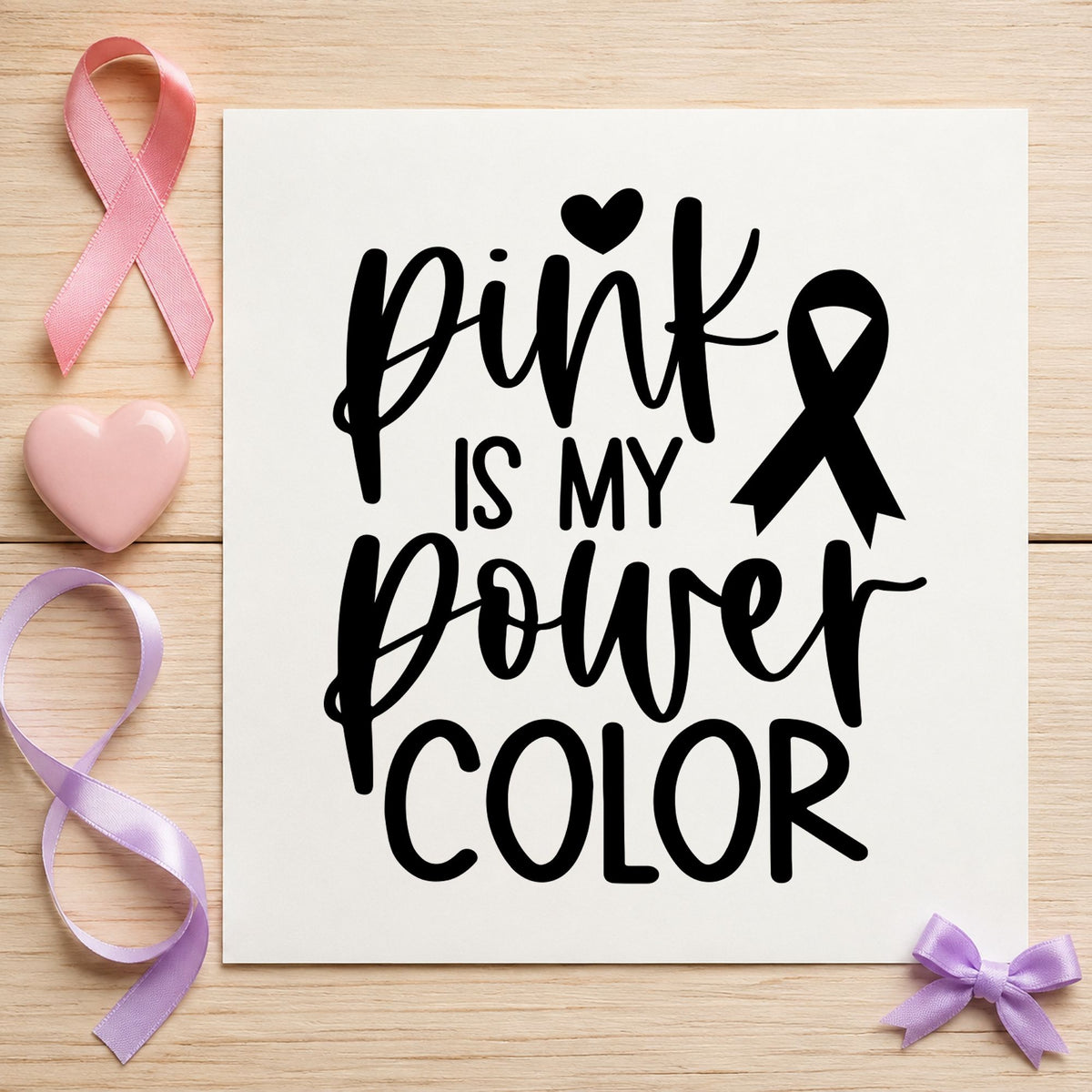 Pink Is My Power Color craft stamp imprint in black ink on a handmade project, one idea being anniversary party invites.