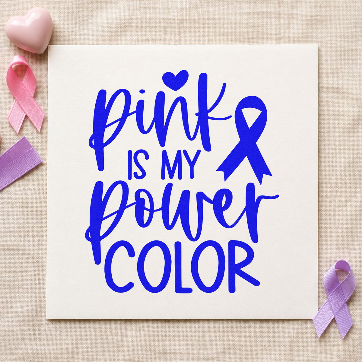 Pink Is My Power Color craft stamp in blue ink on cardstock, an easy option for fundraiser bake sale tags.