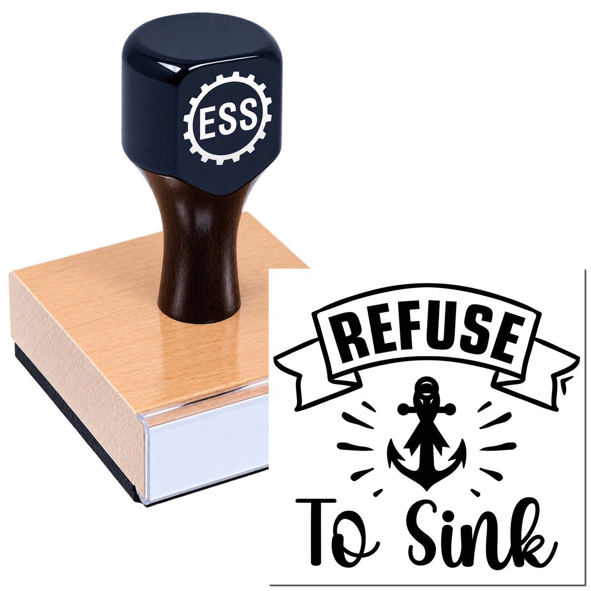 Navy ESS rubber stamp on a block beside a black "REFUSE to sink" anchor seal graphic.