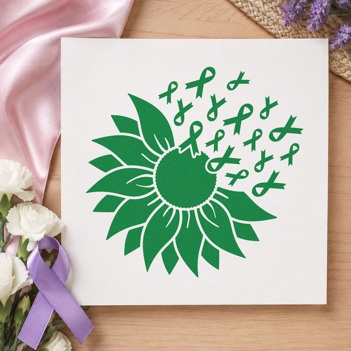 Sunflower Awareness Ribbons craft stamp in green ink on cardstock, an easy option for awareness walk signs.