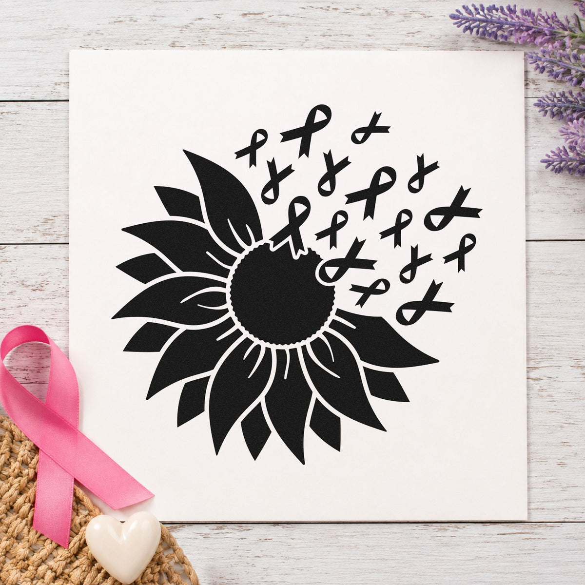 Sunflower Awareness Ribbons craft stamp imprint in black ink on a handmade project, one idea being memorial keepsakes.