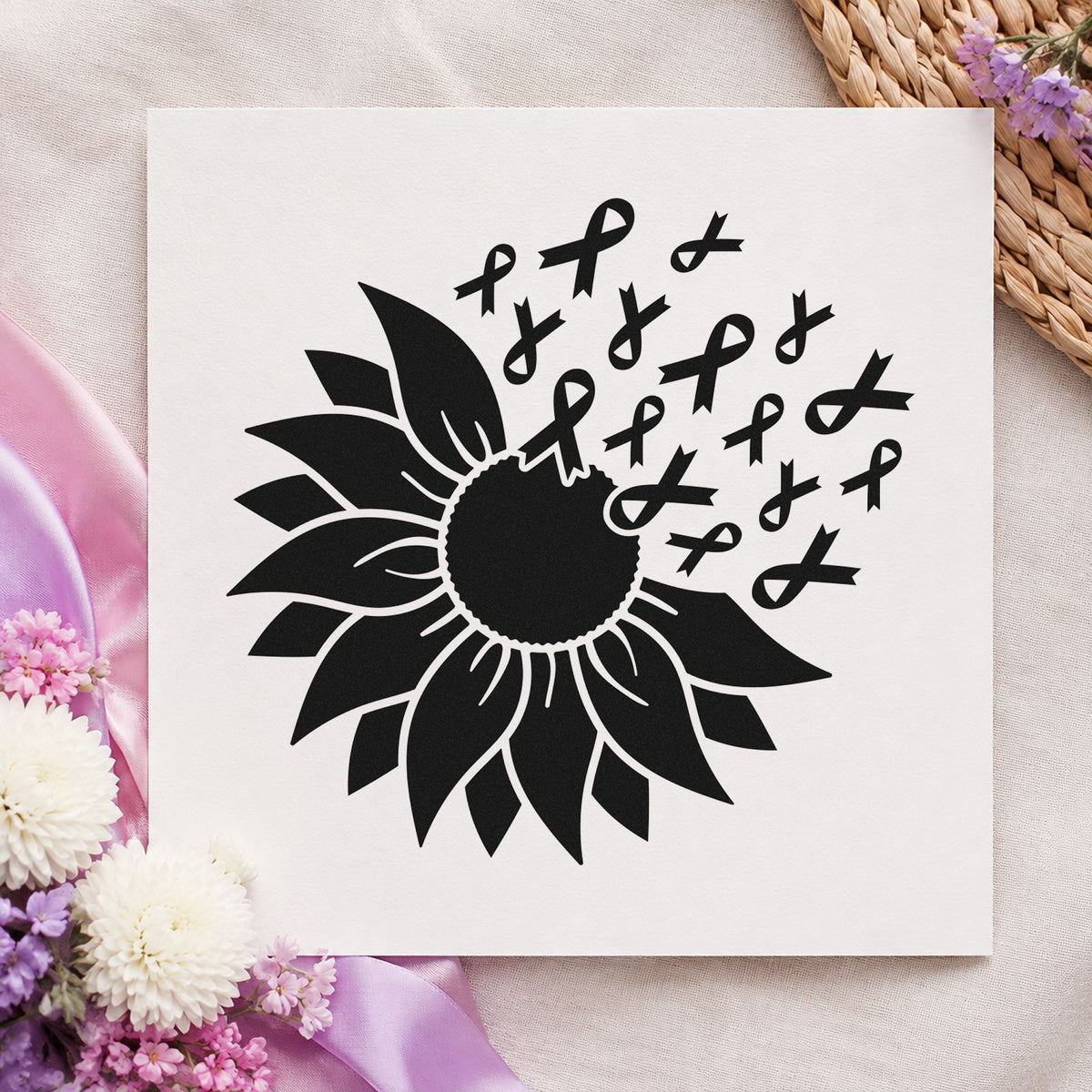 Sunflower Awareness Ribbons rubber stamp printed in black ink, ready for milestone scrapbook pages and similar paper crafts.