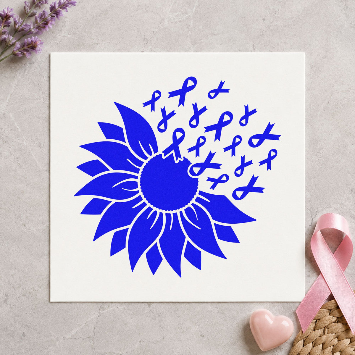 Sunflower Awareness Ribbons craft stamp in blue ink on cardstock, an easy option for garden seed envelopes.