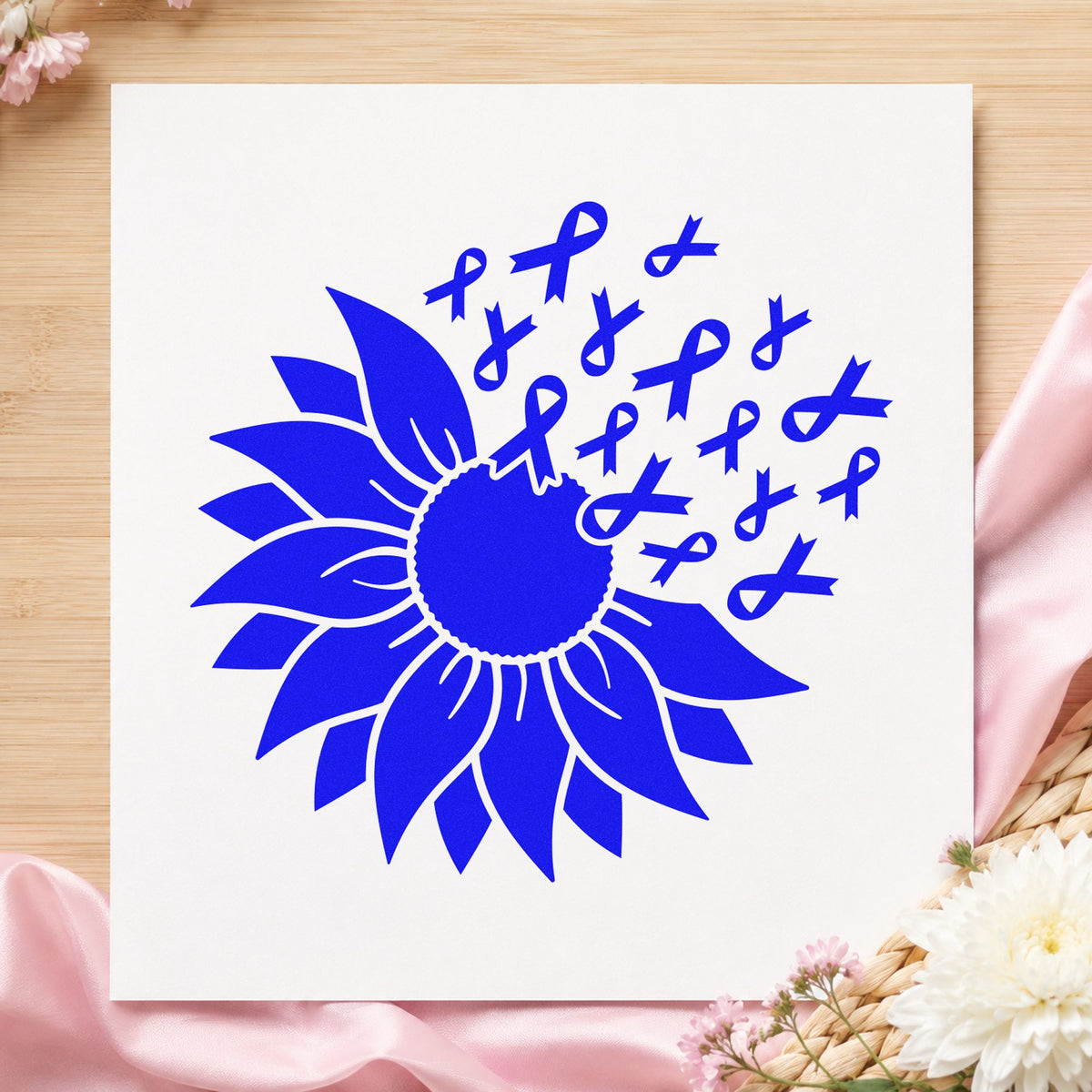 Sunflower Awareness Ribbons craft stamp imprinted in blue ink on paper, a design suited to benefit bake sale tags.