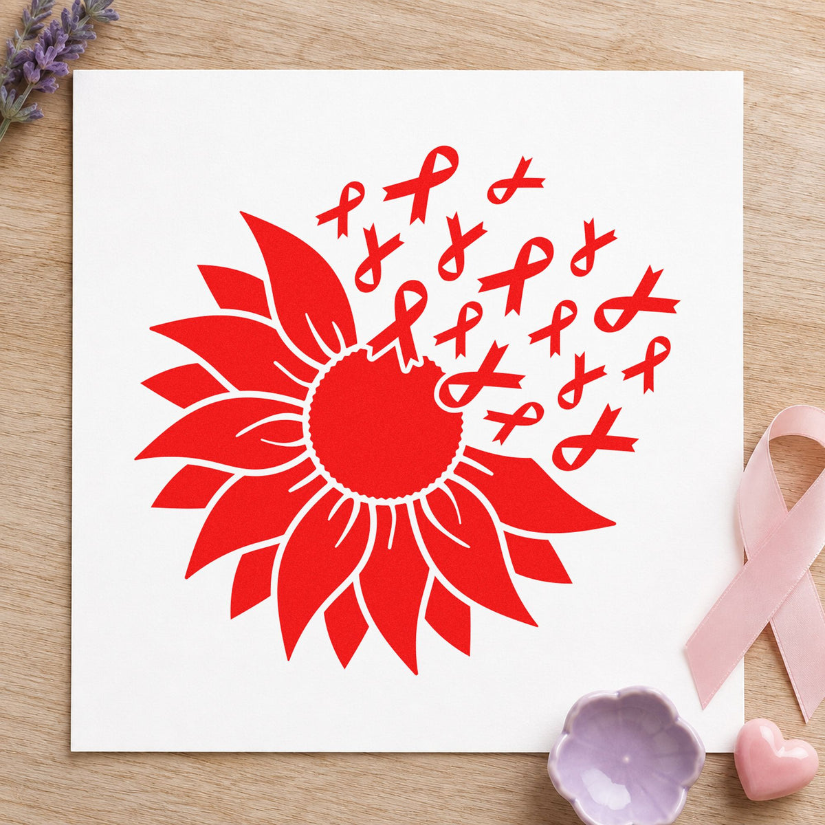 Sunflower Awareness Ribbons rubber stamp shown in red ink, stamped for projects such as fundraiser totes.
