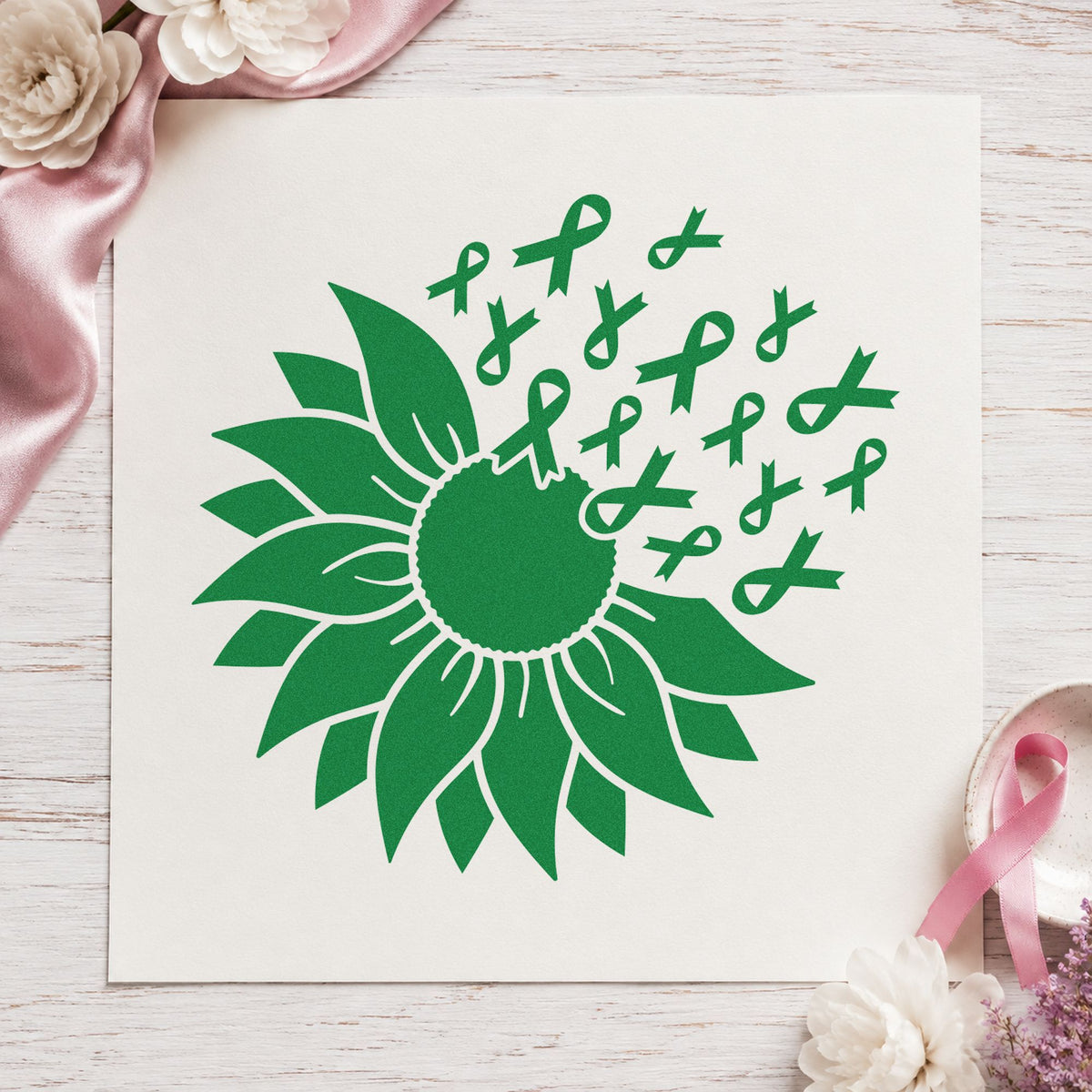 Sunflower Awareness Ribbons craft stamp imprint in green ink on a handmade project, one idea being planner milestone marks.