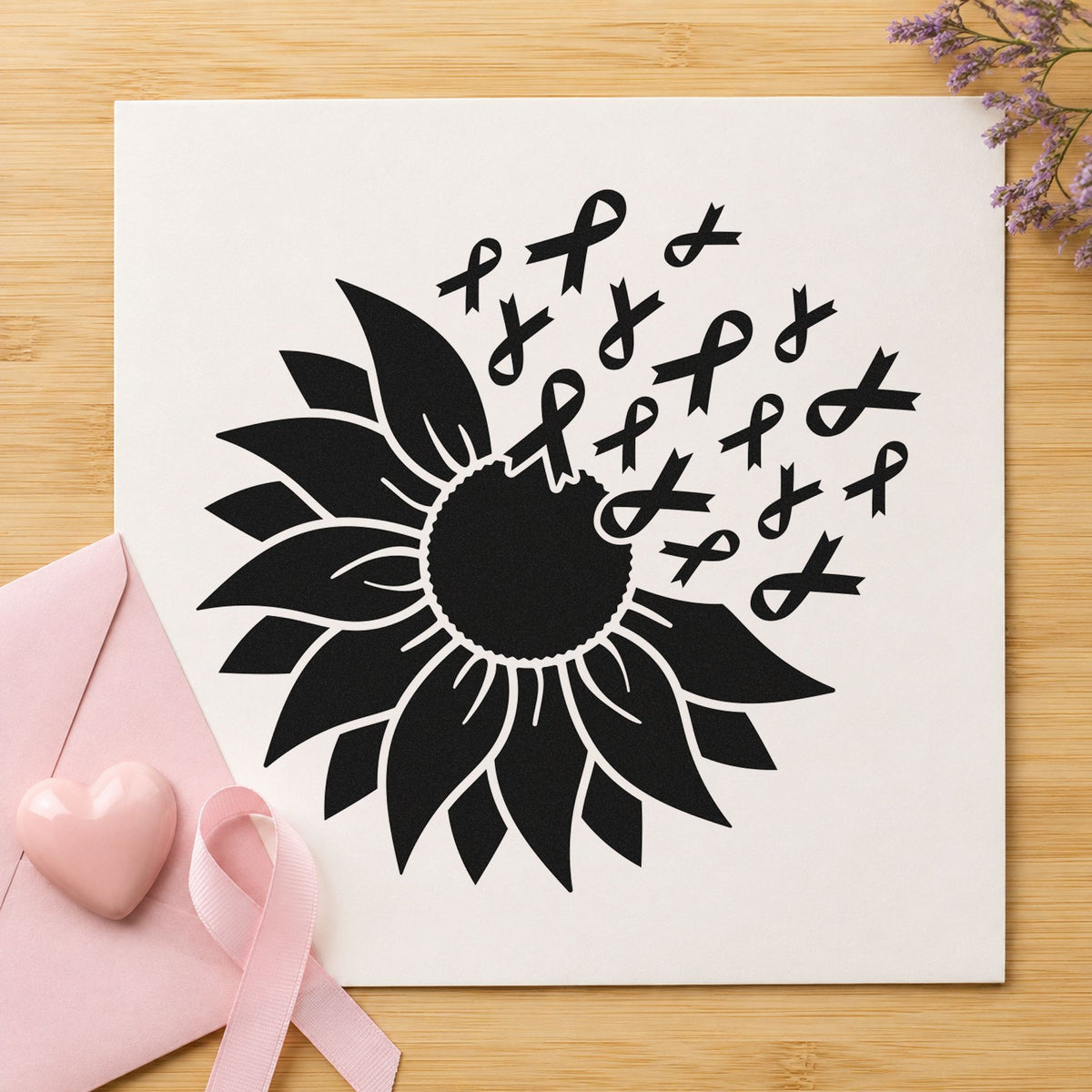 Sunflower Awareness Ribbons rubber stamp printed in black ink, ready for hope card fronts and similar paper crafts.
