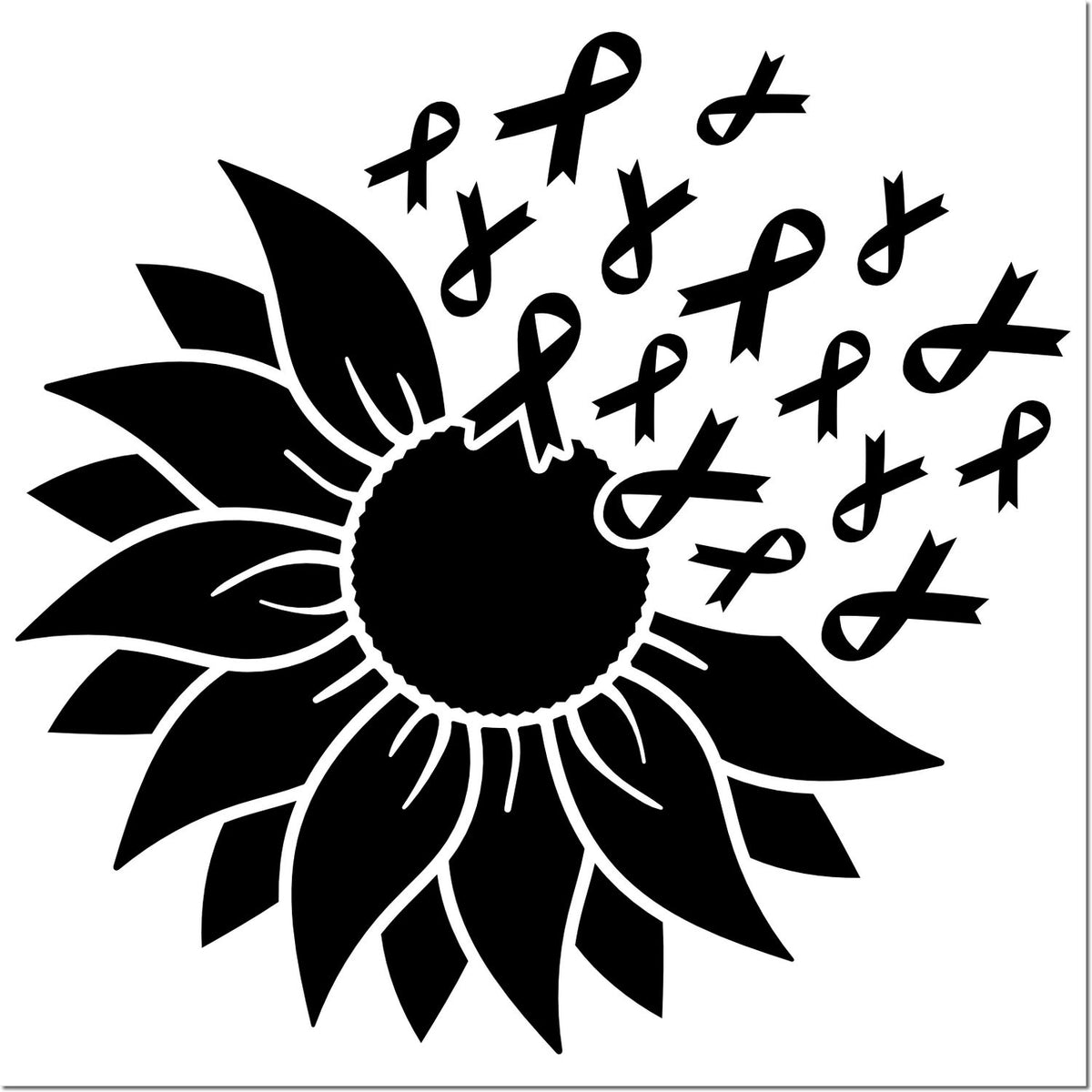 Black sunflower stamp-and-seal design with multiple awareness ribbons on a white background