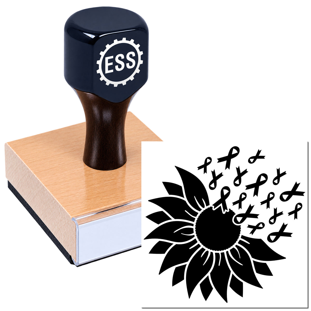 Black ESS custom stamp and seal on a wooden handle, with black sunflower and awareness ribbon design