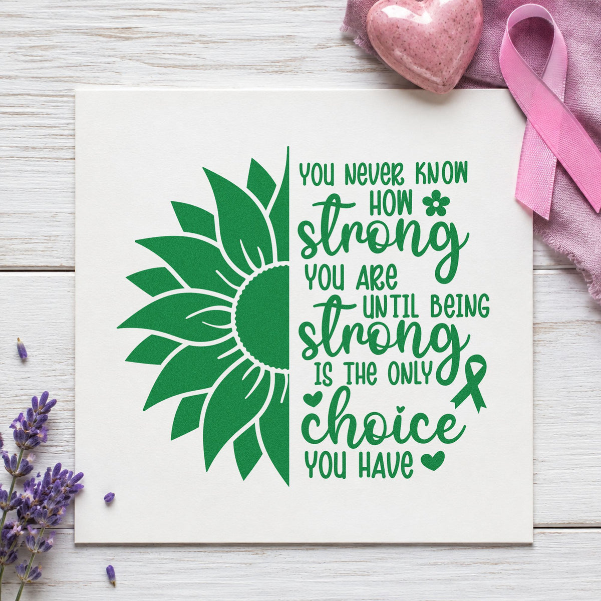Strong Is the Only Choice craft stamp in green ink on cardstock, an easy option for recovery journal covers.