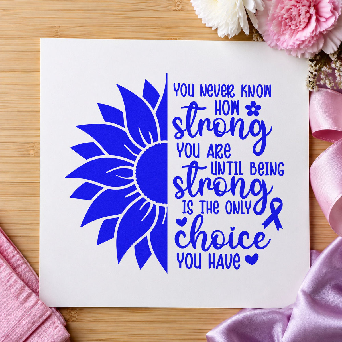Strong Is the Only Choice craft stamp in blue ink on cardstock, an easy option for garden seed gifts.