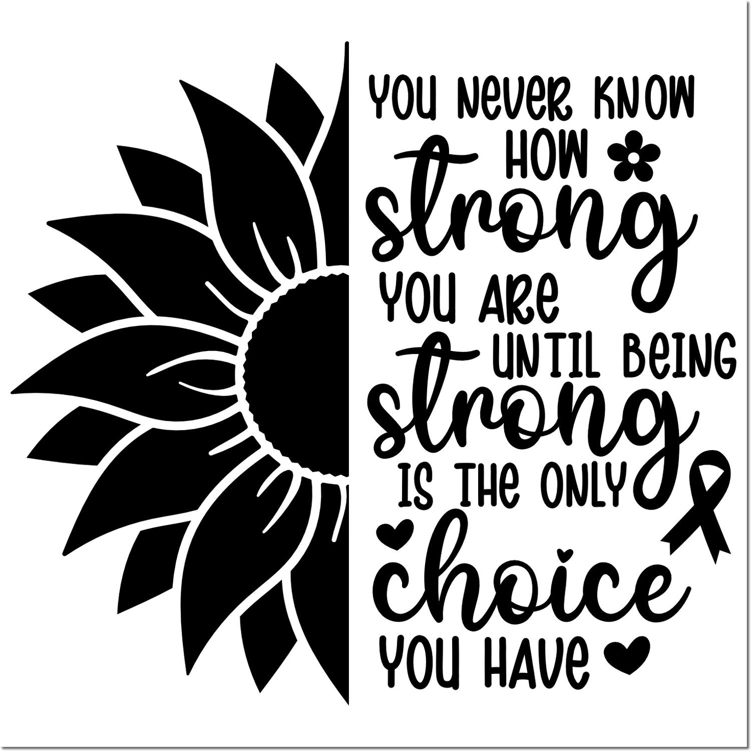 Black sunflower stamp and seal design with inspirational quote, hearts, and ribbon on white background.