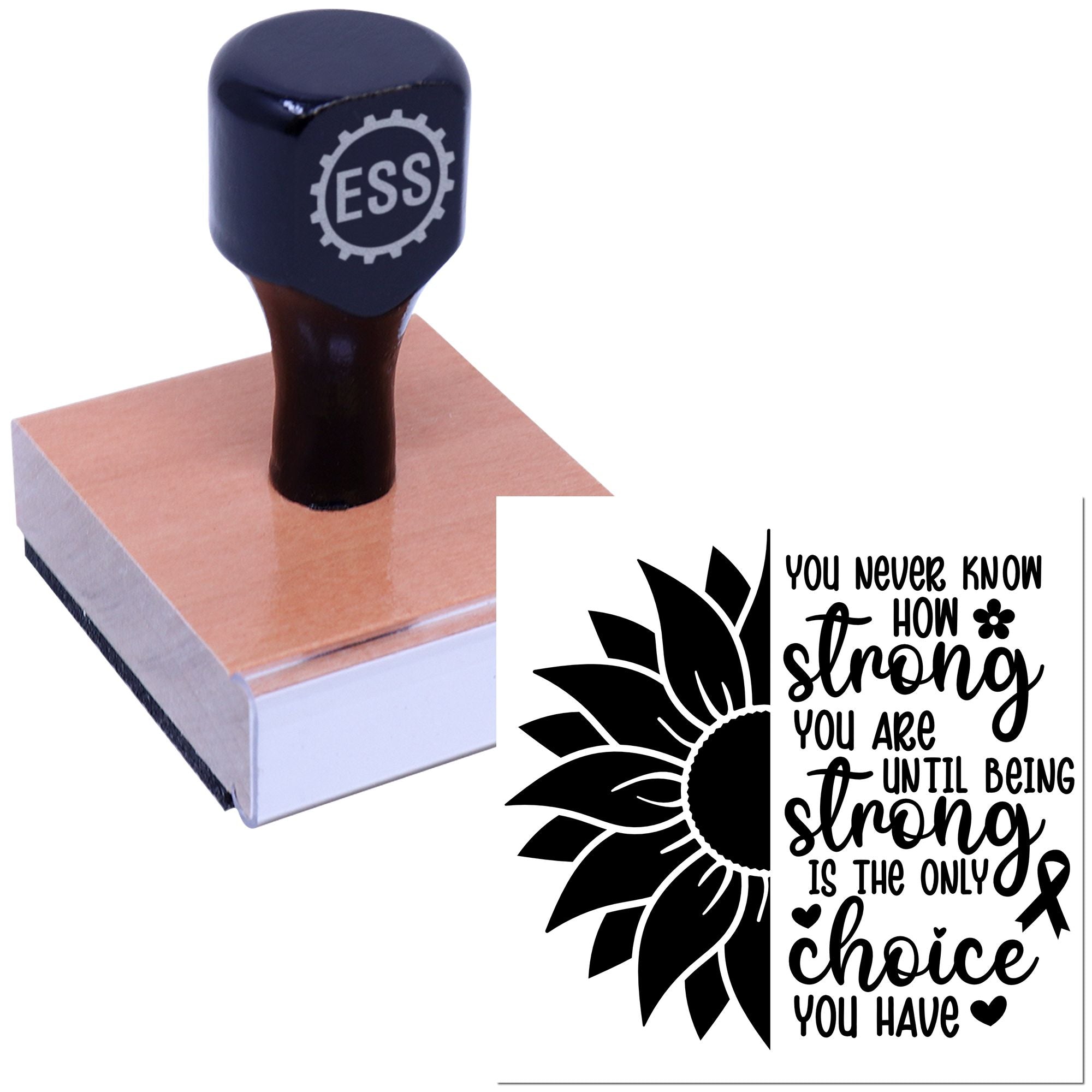 Black ESS rubber stamp and seal on a wood block, with a black-and-white sunflower quote design.