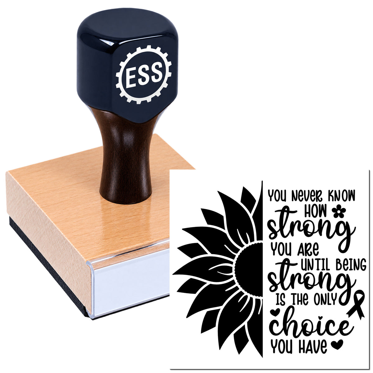 Black ESS rubber stamp and seal on a wood block, with a black-and-white sunflower quote design.