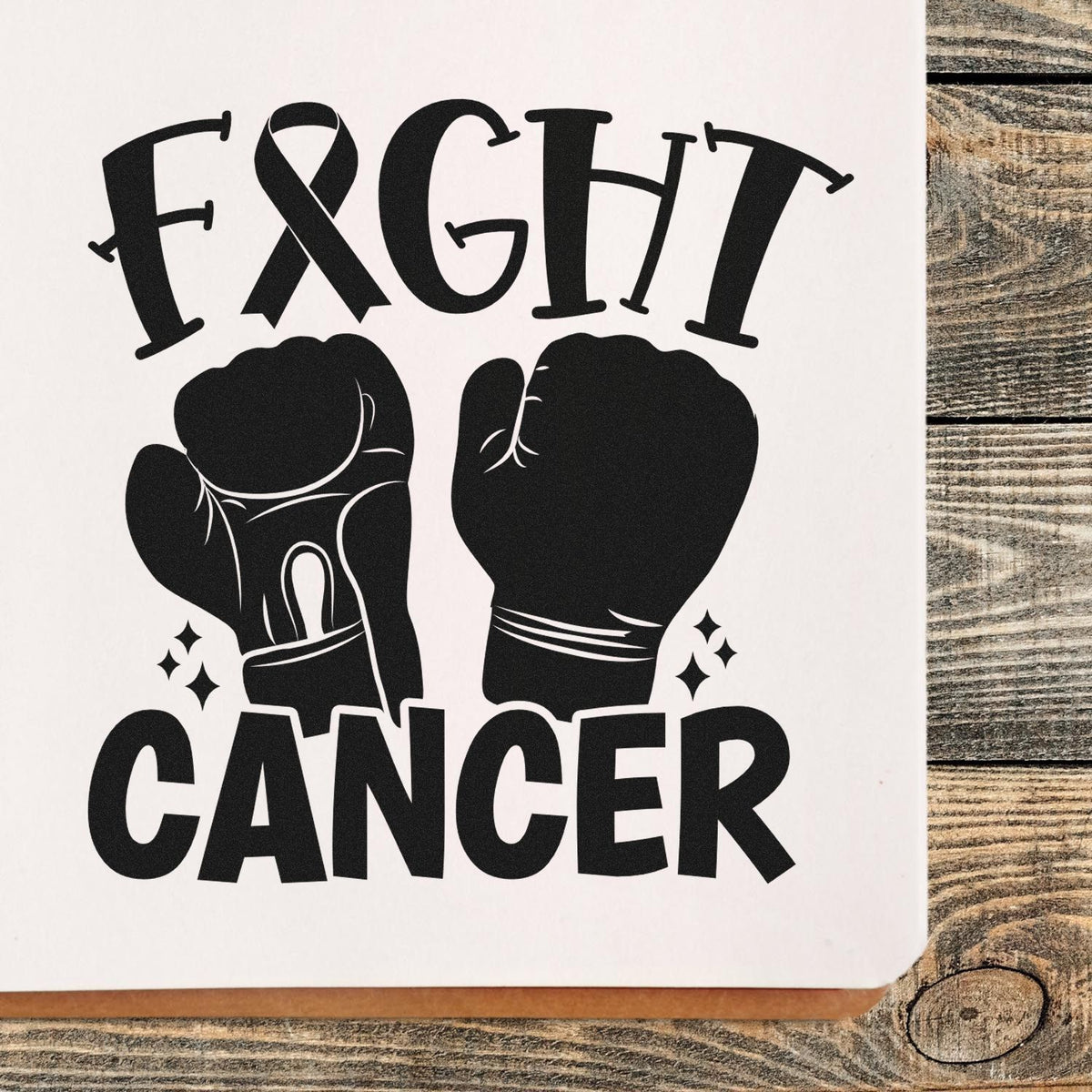 Black Fight Cancer stamp and seal design with boxing gloves, ribbon, and cancer awareness on white background