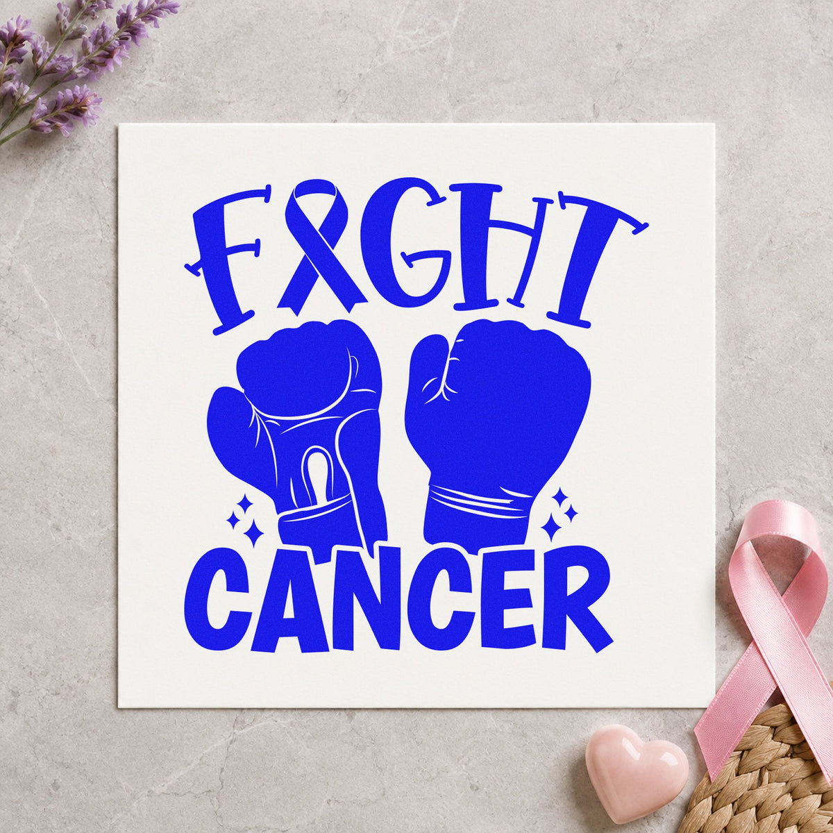 Fight Cancer Boxing Gloves craft stamp imprinted in blue ink on paper, a design suited to final bell party invites.