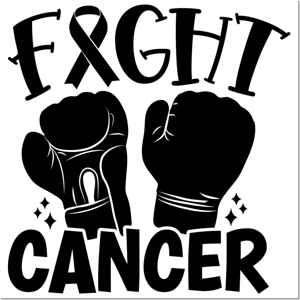 Black Fight Cancer stamp seal design with bold black boxing gloves and sparkles on white background.