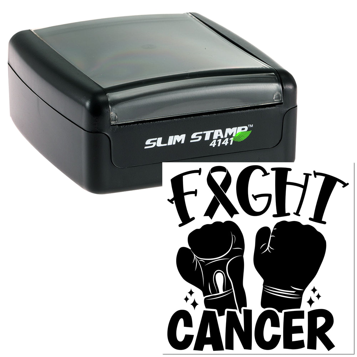 Black slim self-inking stamp and seal with Fight Cancer design, boxing gloves, and ribbon on white background.