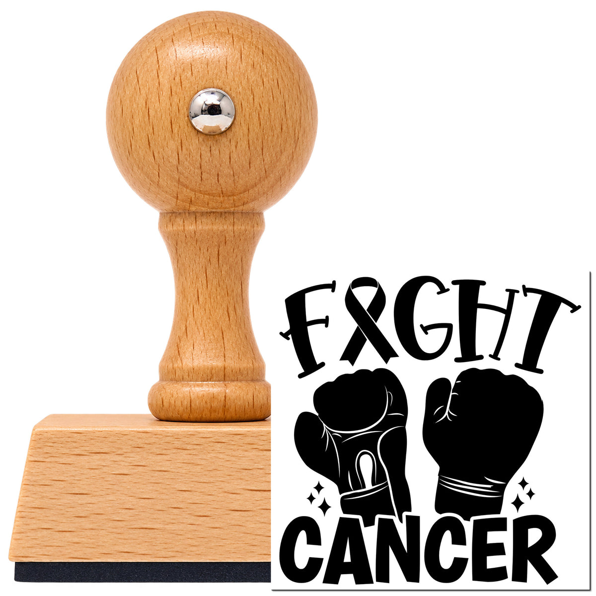 Vintage Pro beech wood stamp with a round knob handle, shown with its black Fight Cancer Boxing Gloves Awareness Ribbon imprint on white.