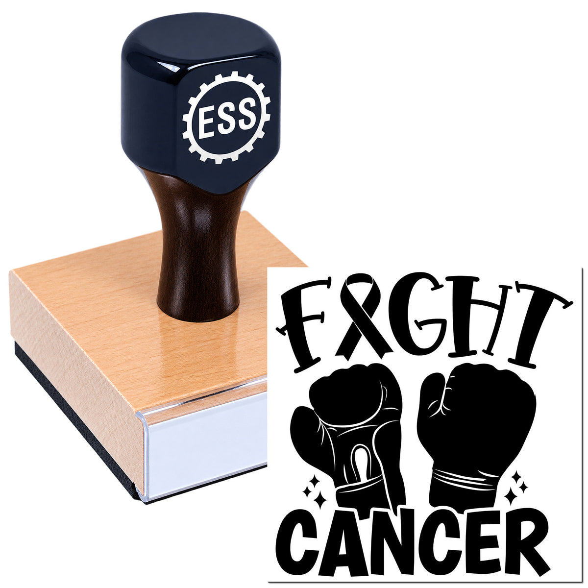 Black ESSI stamp and seal on a pink wooden base, with bold FIGHT CANCER boxing-glove graphic in black and white.