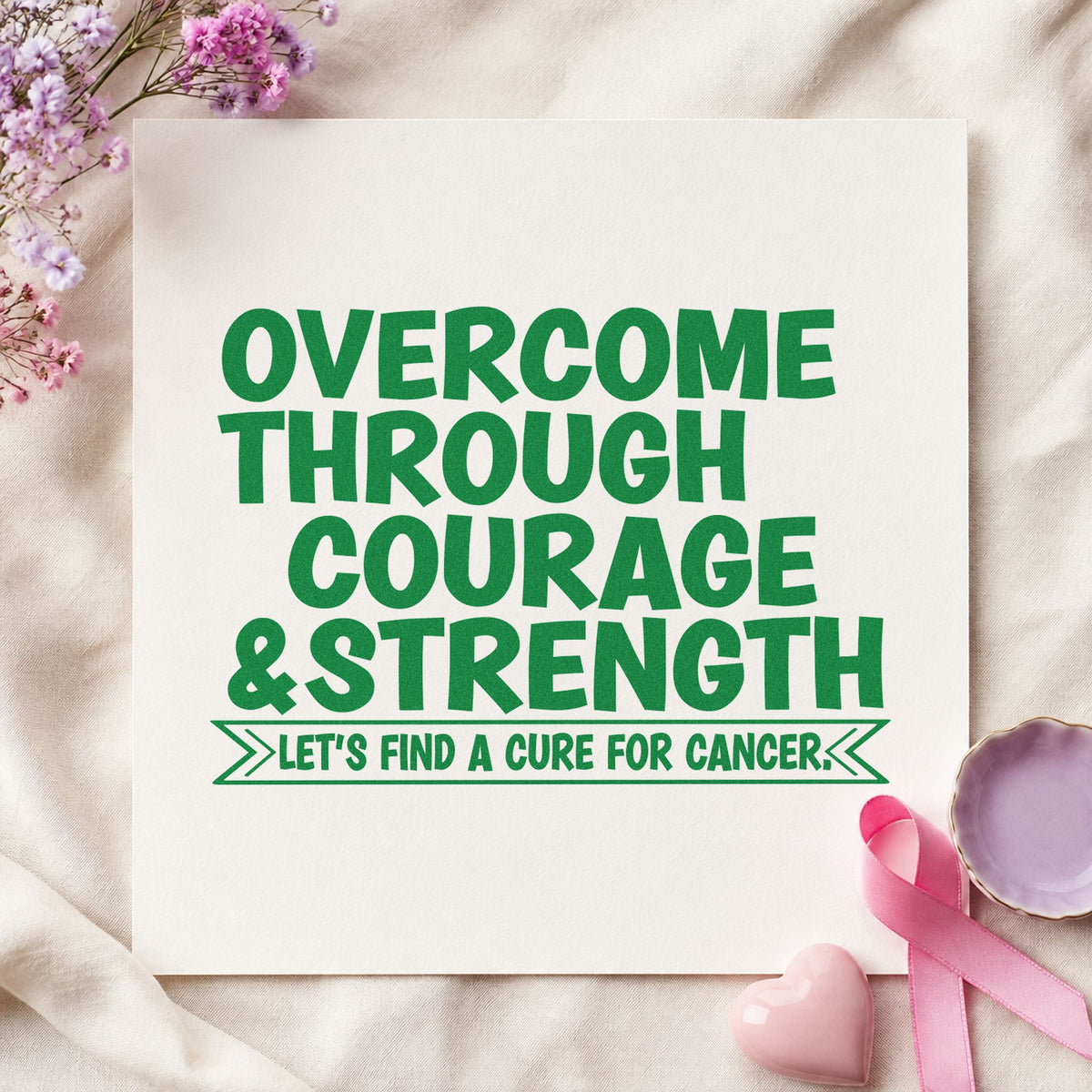Overcome Through Courage craft stamp in green ink on cardstock, an easy option for research fundraiser tags.