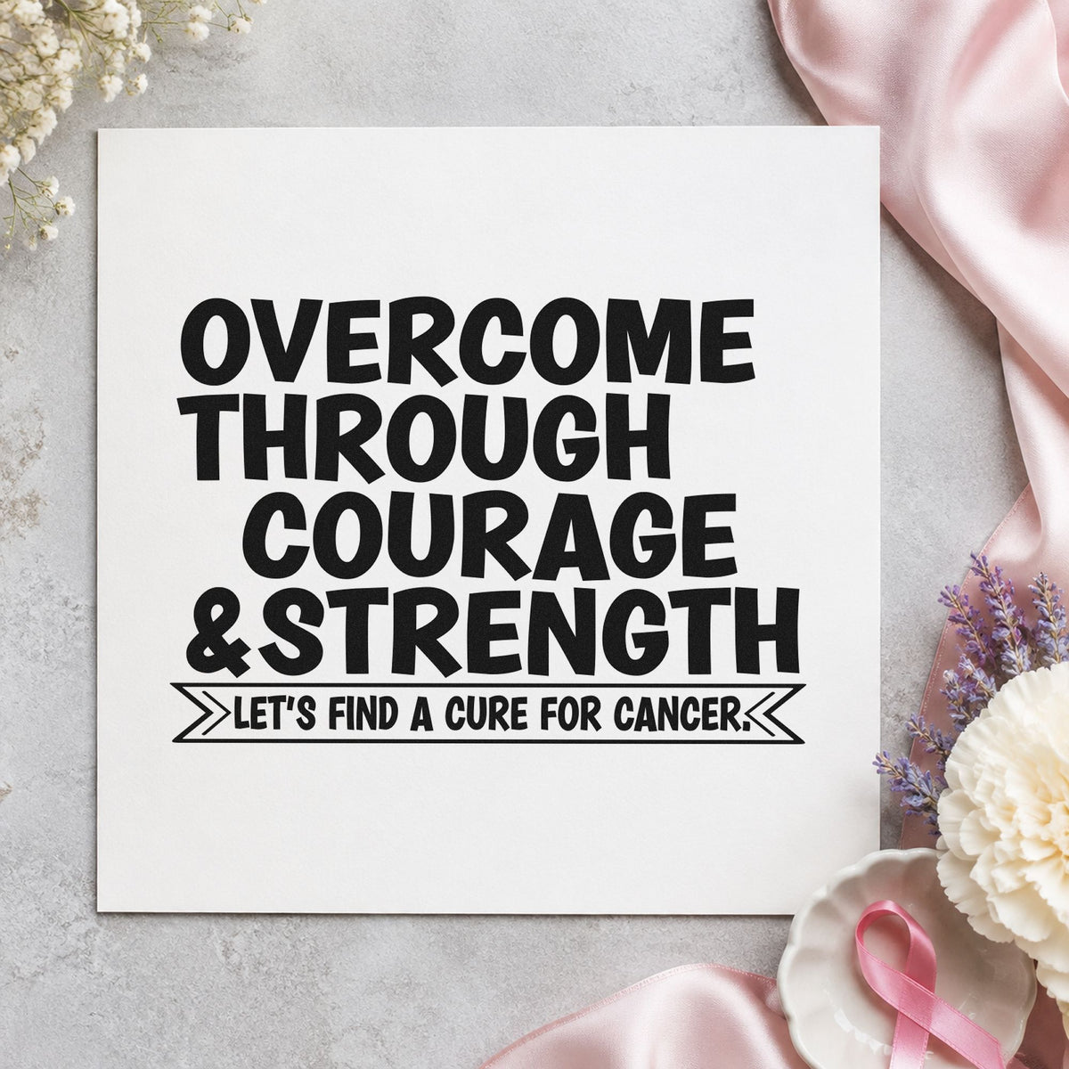 Overcome Through Courage craft stamp imprint in black ink on a handmade project, one idea being walk team banners.