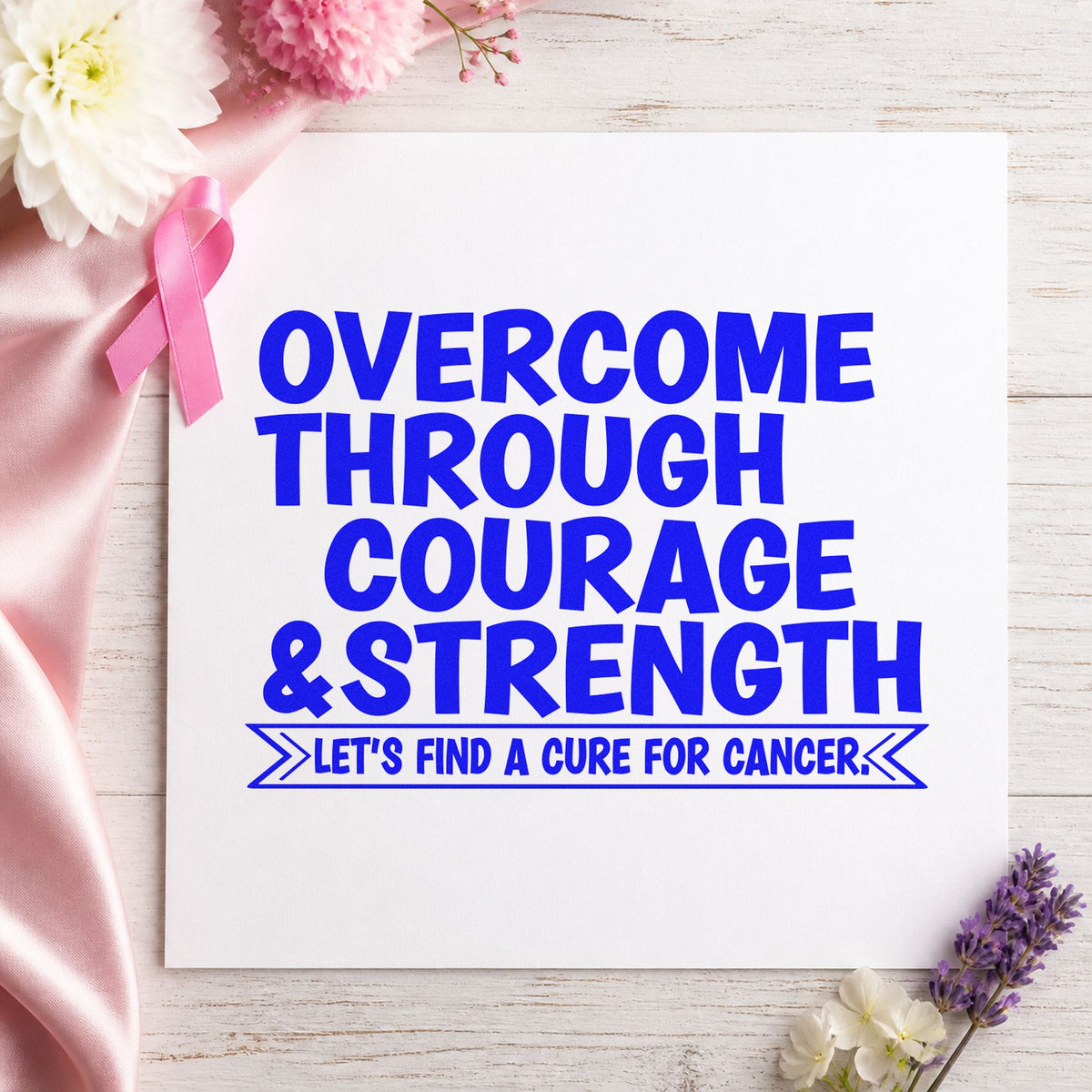 Overcome Through Courage craft stamp imprinted in blue ink on paper, a design suited to tote bag printing.